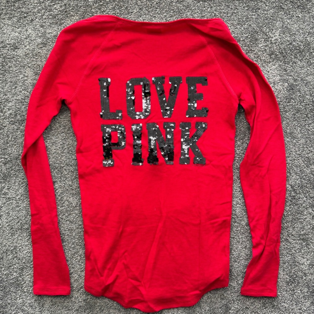 Victoria's Secret PINK Red Waffle Knit Thermal Sequin Henley Top Womens Medium